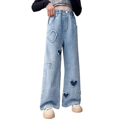 Girls Wide Leg Jeans Trendy Baggy High Waisted Stretchy Sweatpants Heart Embroidery Denim Pants Cute Tween Streetwear