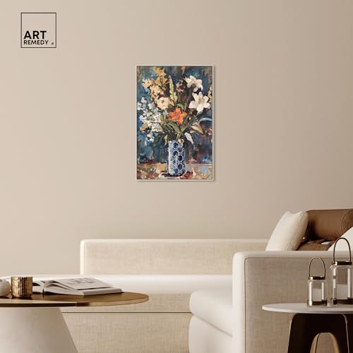 Image of Art Remedy Blue Floral Vase Canvas Floral Vase Wall Art, Silver Frame, 24 inch x 36 inch
