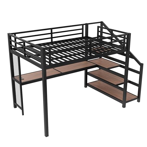Image of Bellemave Full loft Bed with Storage Stairs, Shelves, Metal Loft Beds with LED Lights, USB Ports, Multifunctional Iron Nets for Adults, Kids, Teens, Black