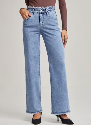 Astylish Womens High Waisted Raw Hem Jeans Stretchy Wide Leg Frayed Straight Denim Pants4
