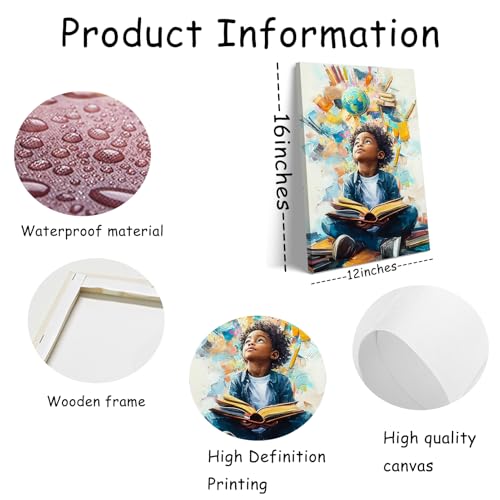 Image of Black Boy Reading Canvas Wall Art Inspirational Books For African American Boys Painting Picture Wall Decor African Boy Poster Print Artwork for Teenagers' Living Room Study Home Decoration 12x16in