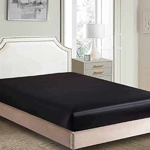 Drap housse en satin soyeux, classique, luxueux, doux comme la soie, uni (noir, double (140 x 190/200+30 cm)