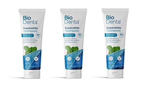 BioDenta Dentifricio sbiancante cocco + menta, 75 ml, confezione da 3, 98% vegano, vegetariano e halal Friendly. Senza SLS, PEG e parabeni, confezione da 3