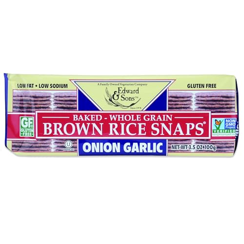 Edward & Sons Onion Garlic Brown Rice Snaps - Rice Crackers Gluten Free, Whole Grain, Oven Baked, Low Sodium, Low Fat, Non-GMO - 3.5 Oz, 12 Pack