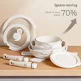 FOHERE Zestaw garnków i patelni, nieprzywierające ceramiczne naczynia kuchenne ze 2 zdejmowanymi uchwytami, 16-częściowy zestaw garnków indukcyjnych z pokrywką, do wszystkich