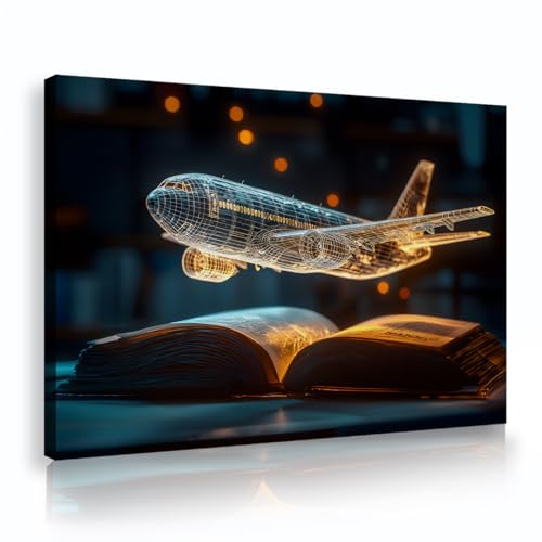 OSHIONARTE Arte murale di aereo Ologramma blu stampa su tela Opera d'arte moderna con aereo teso e incorniciato per una stanza per ragazzi Decorazione murale 80x120cm Telaio interno