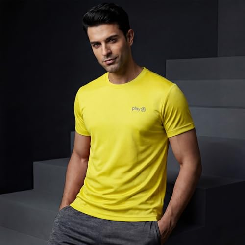 Image of playR Men's Polyester Adult Training Tee - Round Neck Half Sleeve Regular Fit DRIVENT, Lightweight Breathable Activewear for Gym Running Workout Yoga All Season