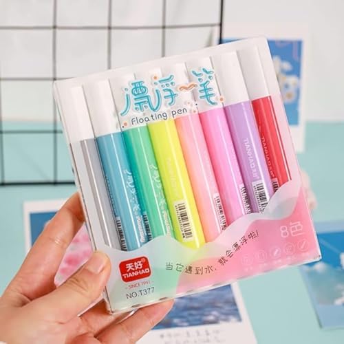 Image of 8 Colorful Floating Pen /Marker /Magical Water Painting For Kids, Floating Bold Marker Pen Easy-To-Wipe Water Floating Pen For Kids Play /Tatoo Art Work With 1 Random Pouch. (9), Multicolor