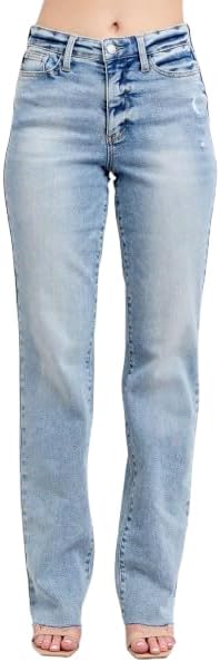 Judy Blue Mid Rise Light Wash Dad Jeans for Women Stretchy Denim | 34" Inseam | Trendy Vintage Straight Leg Jeans -88926-15