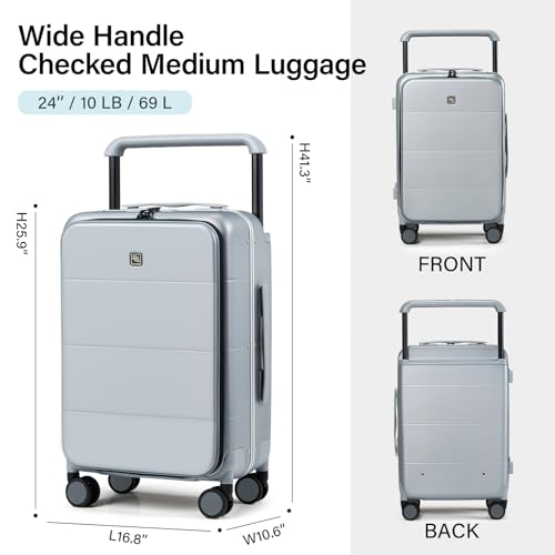 Image of Hanke Top Opening 24 Inch Luggage with Spinner Wheels, Aluminum Frame All-PC Hard Shell Medium Suitcase, Trunk Wide Handle Luggage for Travel, TSA Checked-Medium (Grey, 69L)