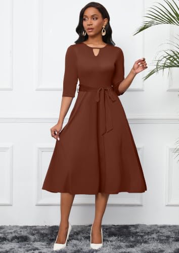 Image of CLOCOR Midi Dresses for Women Casual A-Line Fit and Flare Dress Crewneck 3 /4 Sleeve Keyhole Cocktail Party Church Dress