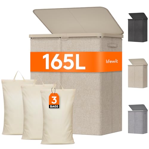Lifewit Cesto Portabiancheria, Cesta Panni Sporchi con coperchio, Laundry Basket con Plastica Manici, Porta Biancheria Sporca per Bagno, Lavanderia, Camera da Letto, 165 L, Beige