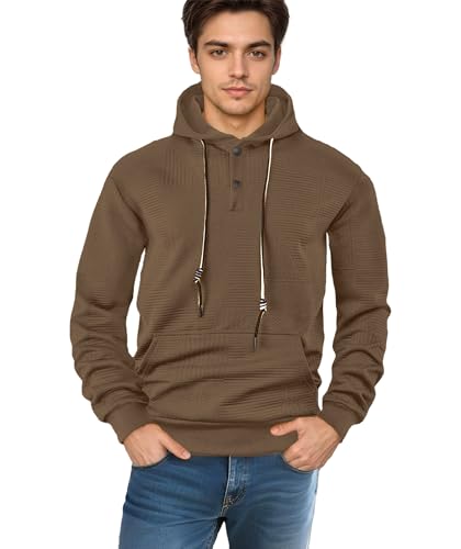 Mens Hoodies Trendy Quarter Drawstring Plaid Jacquard Long Sleeve Button Pullover Tops with Kanga Pocket