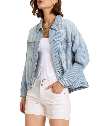 Kedera Women's Blue Jean Jacket Oversized Distressed Button Down Denim Jacket Vintage Long Sleeve Soft Boyfriend Coat