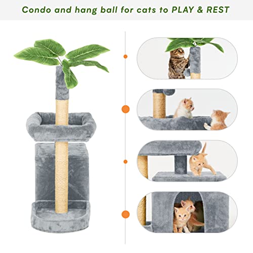 Image of 31.5inch Small Cat Tree Tower Condo for Indoor Cats, Soft Plush Multi-Level Climbing Tree Cat House with Cat Cave, Scratching Post, Sisal Rope, Grey