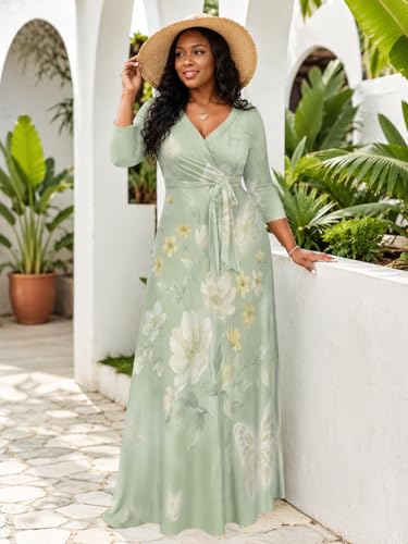 Image of SUZONANA Plus Size Dresses for Women Floral Print Maxi Dress Flowy 3 /4 Sleeve with Belt