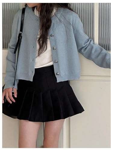 SHENHE Girl's Cardigan Sweater Button Down Lightweight Crewneck Solid Cropped Cardigan3