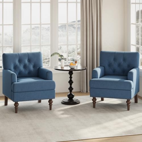 Image of MALOL Upholstered Accent Chair Set of 2, Comfy Reading Chair for Living Room, Mid Century Modern Armchair with Thick Cushion & Solid Rubberwood Legs, for Bedroom /Small Spaces, Blue