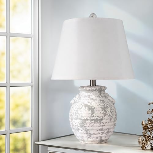 22'' Rustic Ceramic Table Lamps for Small Spaces, E26 Socket, Handcrafted Light Grey Clay Little Accent Lamp Decorative for Kitchen, Bedroom, Living Room, White Linen Shade (Bulb Not Included)