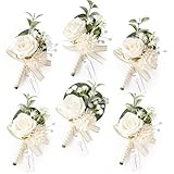 Serwalin 6 Pcs White Boutonniere for Men, Groom Groomsmen Best Man Guest Boutonnieres，Artificial Flowers Silk Rose for Wedding Prom Ceremony Anniversary Party Homecoming