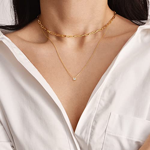Tewiky Layered Gold Necklces For Women, 14K Gold Plated Bezel Diamond Pendant Necklace Dainty Layering Paperclip Chain Necklace Simple Gold Necklace Set Aesthetic Gold Chain Choker Necklaces For Women Girls #TOP4