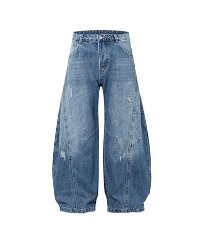 Unisex Baggy Wide Leg Jeans Vintage Distressed Patchwork Balloon Denim Pants Streetwear Retro Loose Fit Trousers