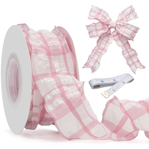 GHGMAO Pink Gingham Ribbon 1.5 Inch x 10 Yards Ruffled Edge Polyester Fabric Plaid Ribbon for Wedding Invitations Bridal Bouquets Party Decoration Gift Wrapping Bow Making Ribbons