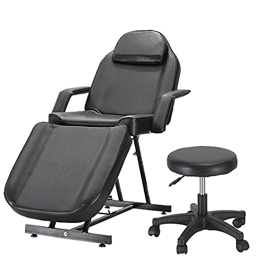 Mesa de masaje de equilibrio ajustable reclinable para salón de belleza, tatuaje, spa, facial, sofá cama con taburete (negro)