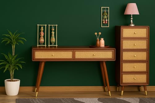 Image of Fern Rattan Solid Wood Study Table | Cane Work Writing Table with 2 Drawers | Mango Woods, Honey Ideal for Home Decor