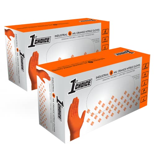 Image of 1st Choice Orange 6 mil Nitrile Disposable Gloves Diamond Grip XXL 200 | Bulk Purchasing Options, Medium Duty Gloves for Mechanics, Business, and Household Tasks, Food Safe and Chemical Resistant