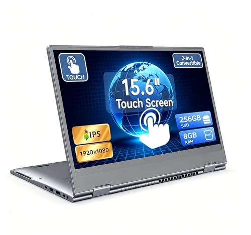 Image of 15.6 inch 2-in-1 Touchscreen Laptop Computer, AMD A9 Processor up to 3.2GHz, 8GB RAM 256GB SSD, Convertible Notebook with IPS FHD Display, USB-C, WiFi, Win11 Laptop for Work, Study & Home