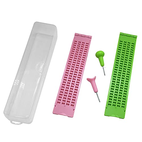 4 Lines 28 Cells Braille Writing Slate with 2 pcs Styluses, Braille Slate Kit with Plastic Box ? 2 Sets) (Pink + Green)