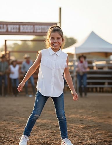 Image of Girls Fringe Shirt Sleeveless Button Down Western Cowgirl Tassel Trim Casual Blouse Shirt Top 4-13Y