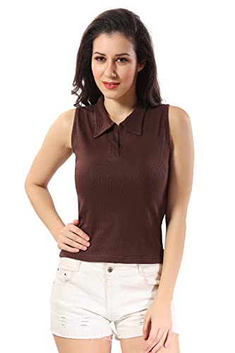 Image of TRASA Women's Sleeveless Rib Knitted Cotton Racer Back Tank Tops Collared Neck Crop Tank Tops - Available Sizes -XS, S, M,L,XL,2XL