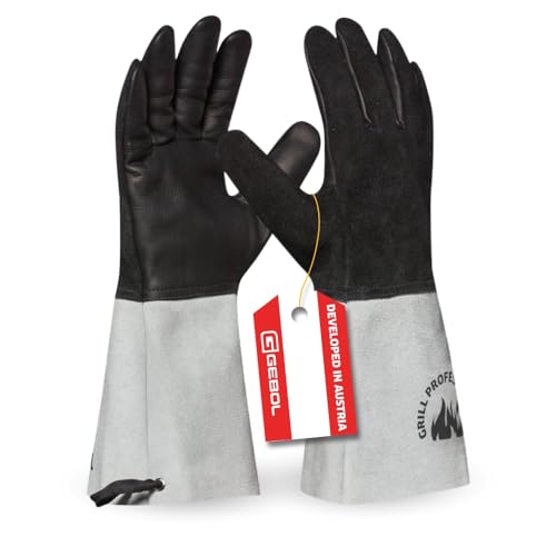 Gebol Grill Professional (1 Paar) - Hitzebeständige Grillhandschuhe mit Aramid-Futter, Rindervollleder Handinnenfläche, 14cm Stulpe für Schutz vor Funkenflug bis 100°C