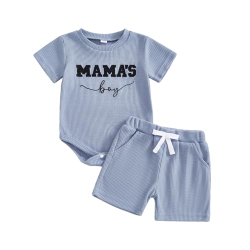 Image of Kupretty Baby Boy Clothes 3 6 12 18 Months Summer Outfit Baseball Embroidery Waffle Short Sleeve Romper & Shorts Set