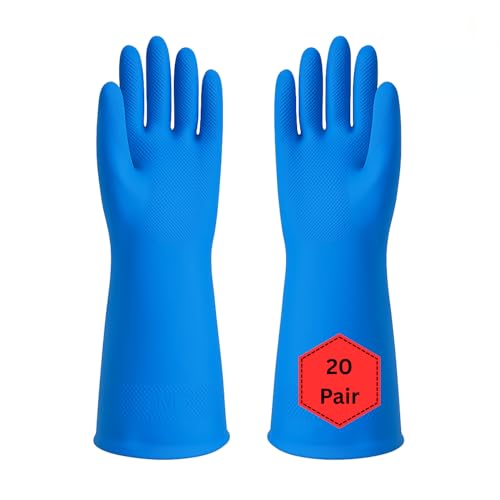 Image of Natural Rubber Household Gloves - Reusable & Waterproof for Cleaning, Dishwashing, Kitchen & Bathroom Use - Comfortable Fit with Non-Slip Grip - Durable & Long-Lasting (Blue, 20 Pair)