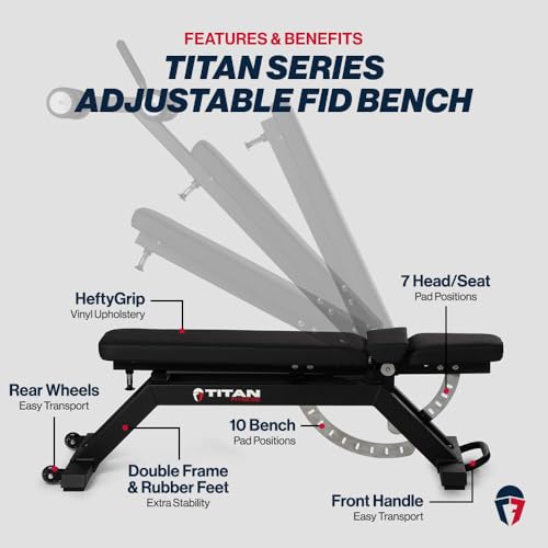 Image of Titan Fitness TITAN Series FID Bench, Adjustable Weight Bench with 70 Flat, Incline, Decline Angles, Rated 600 LB, Durable Vinyl Padding, Workout Bench for Home Gym Weightlifting & Strength Training