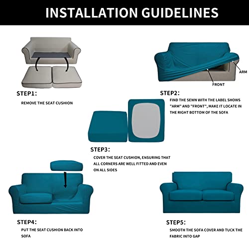 Image of Easy-Going 3 Pieces Stretch Loveseat Couch Cover for 2 Cushion Washable | Sofa Slipcover for Stretch 2 Separate Sectional Cushion Couch - Furniture Protector for Pets, Kids Peacock Blue