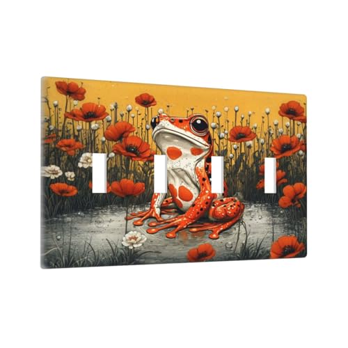 Decorative Light Switch Cover Plate Big Orange Frog Red Floral Wildflower 4 Gang Wall Plate Oversized Quad Toggle Switch Cover Plate Jumbo Faceplate for Home Decor