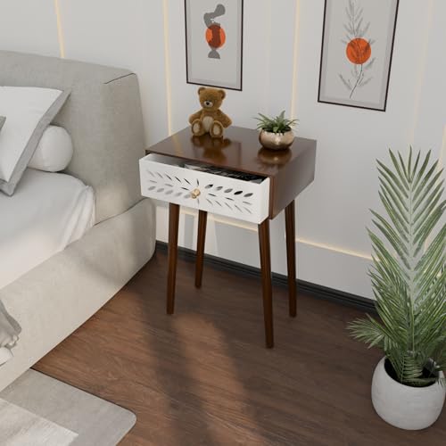 Image of Ereteken ART Nightstand Bedroom Carved Beside Table Made of MDF, Night Stand with 1 Drawers end Table for Bedroom /Living Room-White (Brown)