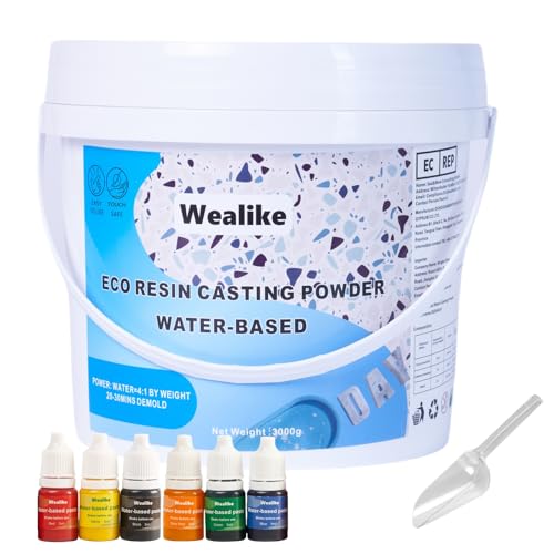 Wealike Eco Resin Casting Powder 3000G Water-Based Ceramic Plaster of Paris with 6PCS Pigments 30 Minutes Demold.Easy Mix Self Leveling Non-Toxic for Home Decor &DIY Art