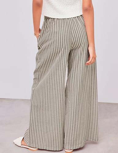 Yeokou Women's Wide Leg Pants Drawstring Striped Cotton Mid Rise Casual Long Palazzo Trousers with Pockets4