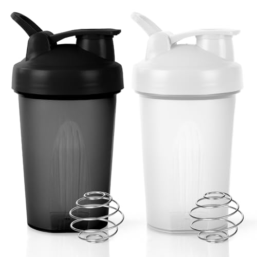 ACWOO 2 PCS Protein Shaker 400ml, Proteína Shaker a Prueba de Fugas con Bola Mezcladora, Botella Mezcladora de Batidos de Proteínas, Taza para Batidos de Proteínas para Fitness (Negro + Blanco)