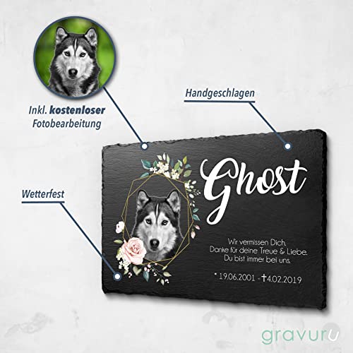 Grabstein Hund aus Schiefer mit farbigem Foto - Tier Gedenkstein als liebevolle Erinnerung an geliebtes Haustier - Grabdeko Gedenktafel Naturstein