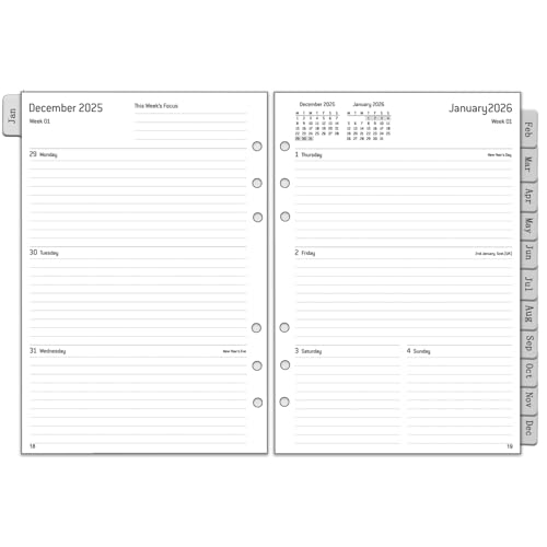 Recambio Agenda 2026 Semana Vista A5, 6 Anillas, Planificador Anual con Pestañas Mensuales de 12 Meses, Hojas de Contraseñas Notas Contacto, Enero a Diciembre, 6 Agujeros, Papel Grueso, 100 gr