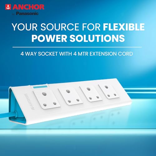 Image of anchor by panasonic 22063 6A Power Strip 4 Socket Spike Guard With Single Switch, 4 Mtr (White & Blue)