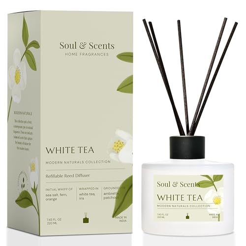 Soul & Scents Reed Diffuser Set – White Tea | 7.43 oz Refillable Scented Oil with 6 Fiber Sticks | Long-Lasting Home Fragrance & Air Freshener for Bedroom, Bathroom, Office | Gift & Décor Piece