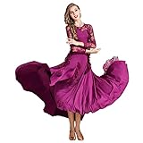 VOGOURFY Vestidos de Baile de salón de Encaje para Mujer, trajes de Baile de vals de Manga Larga, Vestido de práctica Latino de Tango hueco,Purple,L
