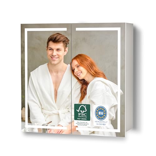 HAPA Design Premium Spiegelschrank-Bad-mit-Beleuchtung-60cm. Einfache Montage, in der EU gefertigt, gleichmäßige helle LED-Beleuchtung, Scharniere schwarz, Steckdose, Unterputz Montage möglich.